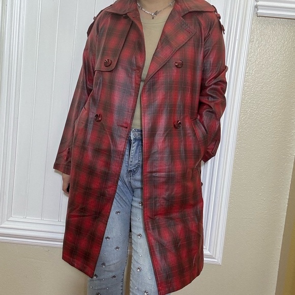 Anthropologie Red Plaid Trench Coat - Picture 7 of 9